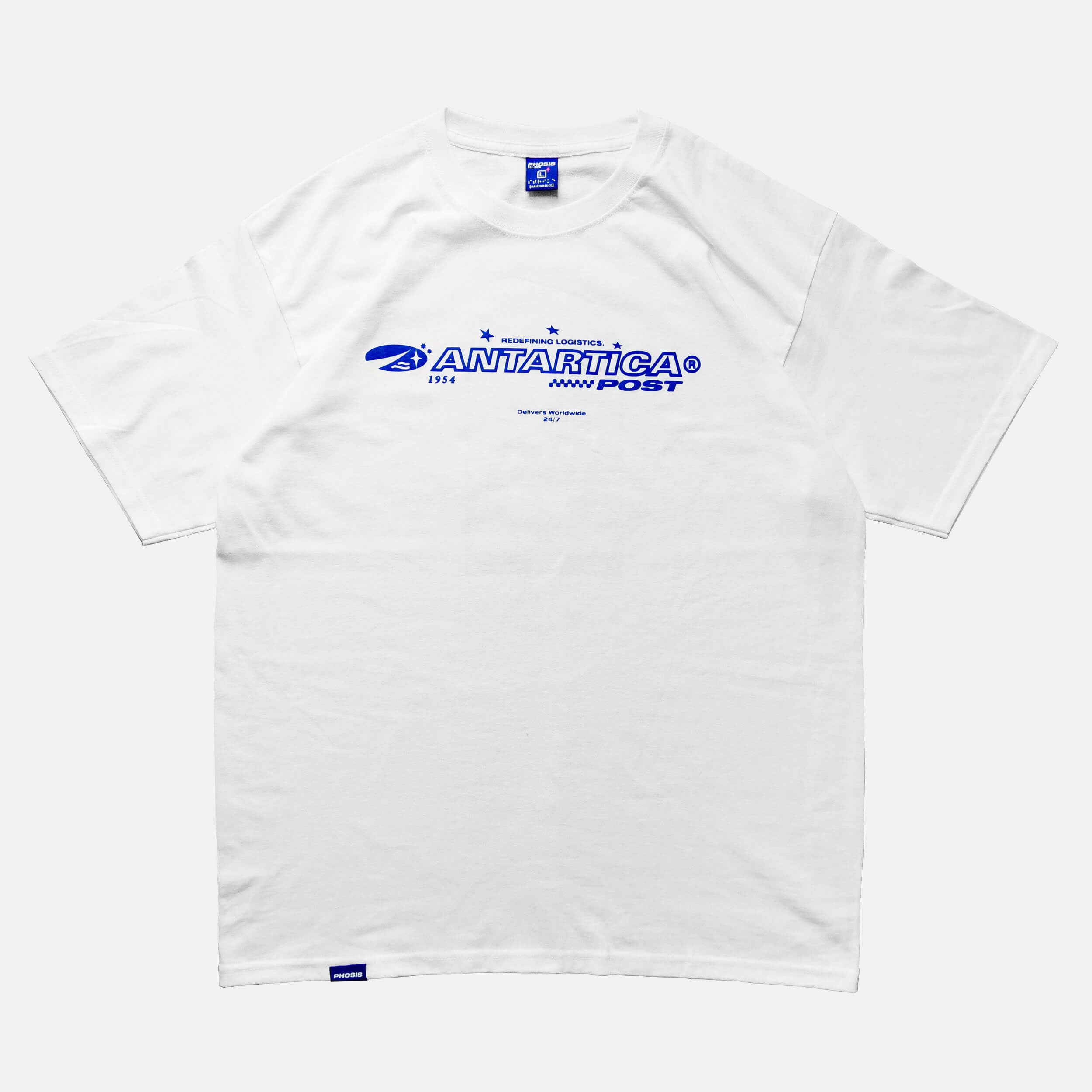 Front view of the screen-pinted ANTARTICA POST white t-shirt from PHOSIS Clothing