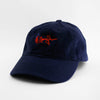 Angle view of the embroidered ASCII Rose navy blue dad hat from PHOSIS Clothing
