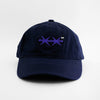 Front view of the embroidered Barbed Wire navy blue hat from PHOSIS Clothing