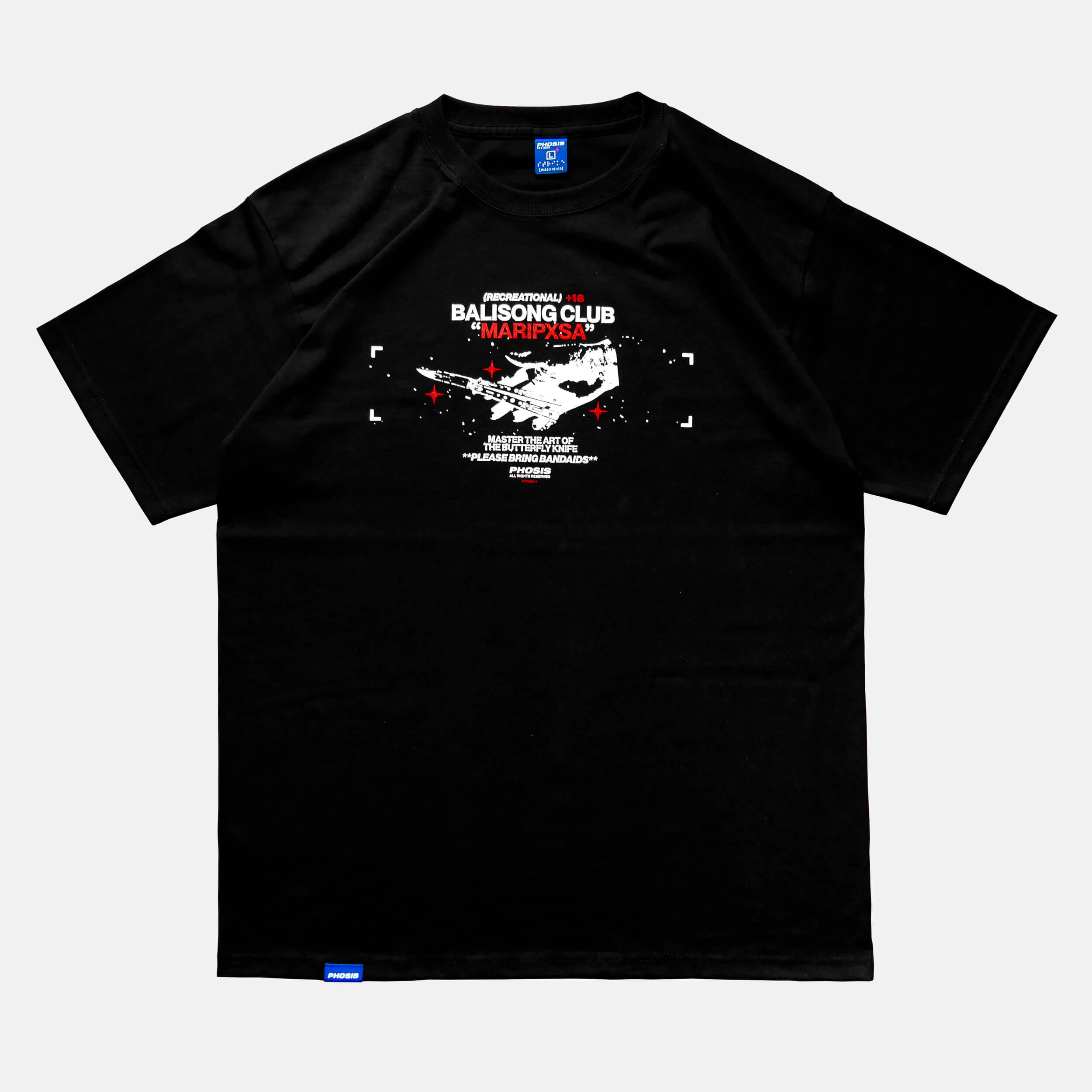 Front view of the screen-pinted 'MARIPXSA' BALISONG CLUB black t-shirt from PHOSIS Clothing