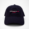 Front view of the embroidered ARCHETYPE black dad hat from PHOSIS® Clothing