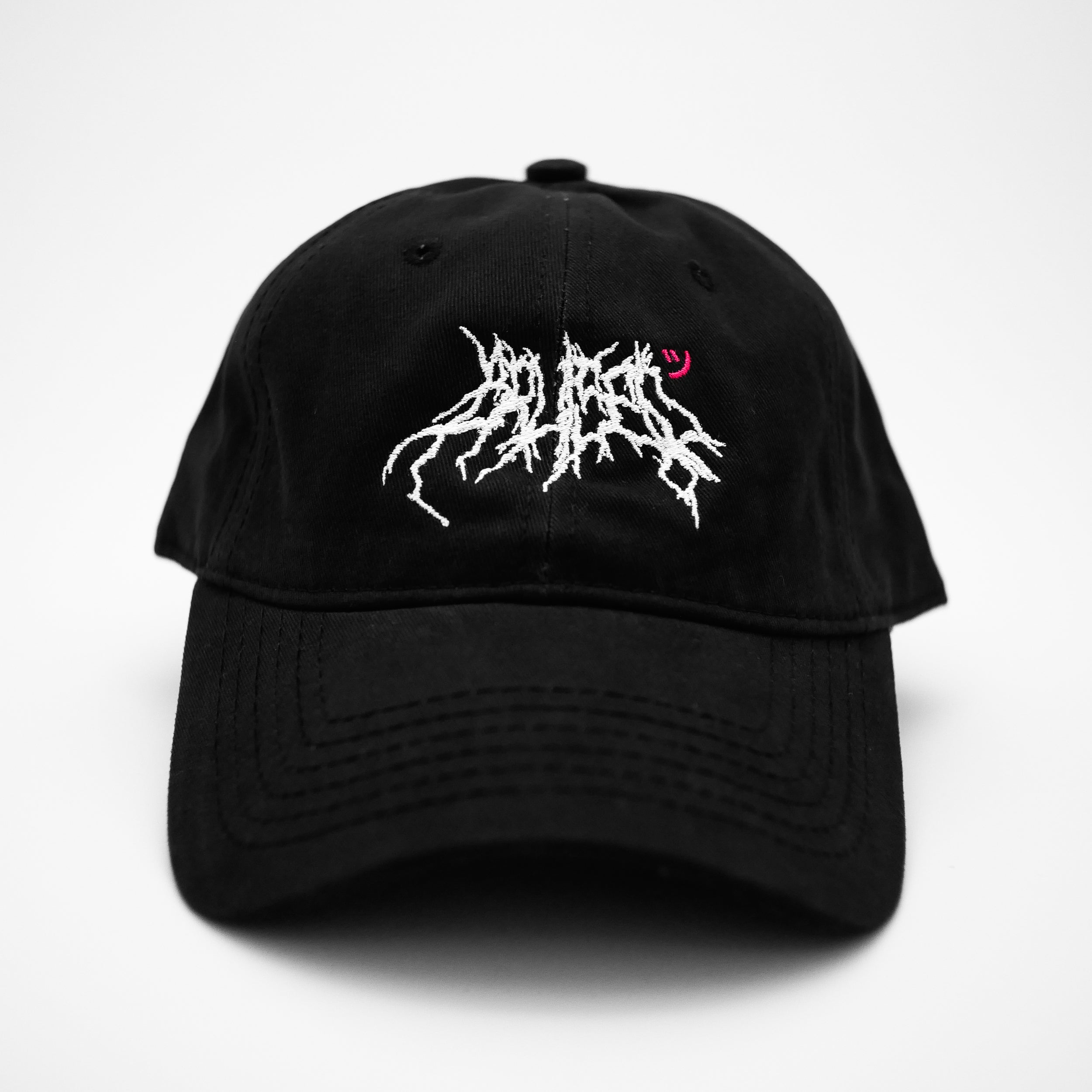 Front view of the embroidered BRUISED black dad hat from PHOSIS® Clothing