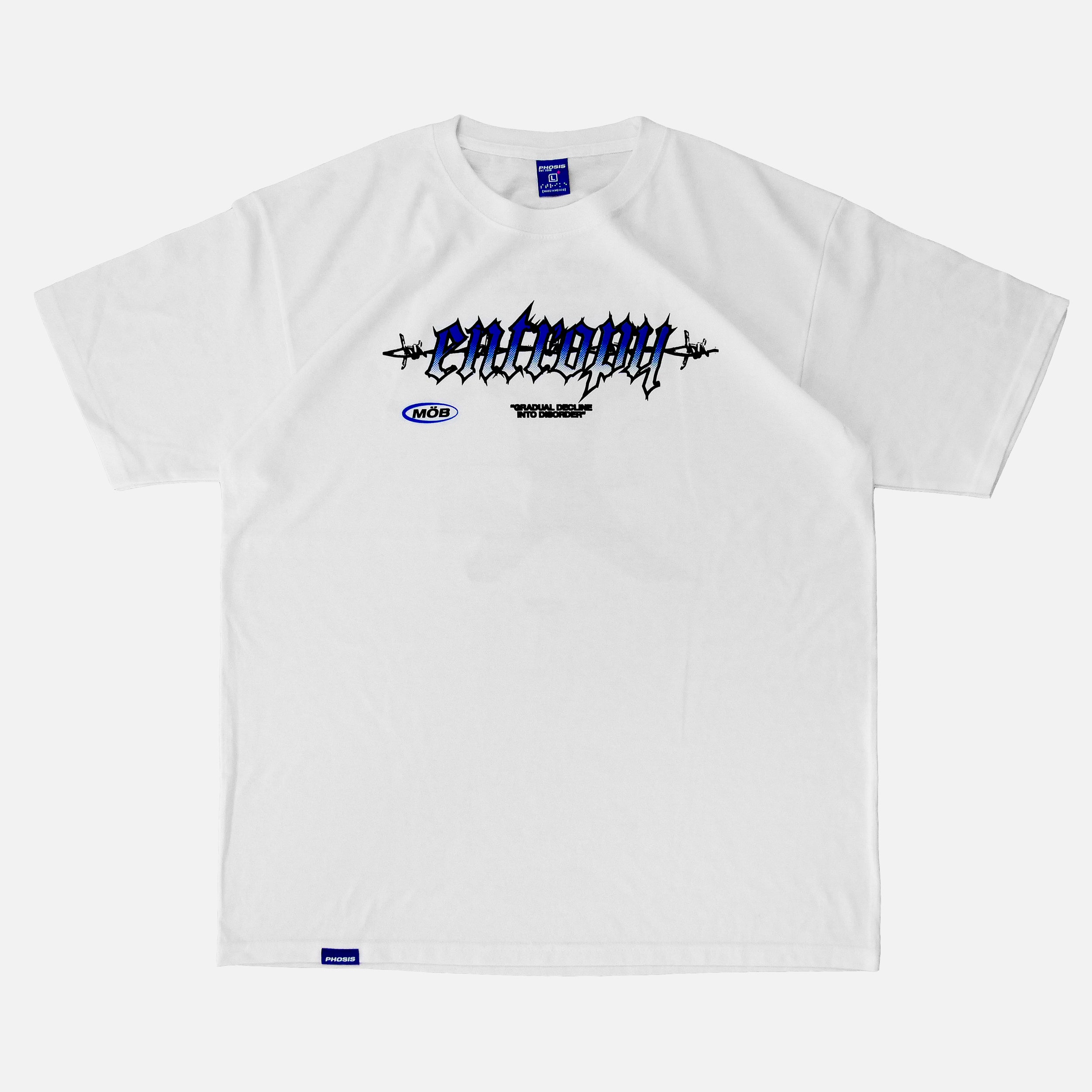 Front view of the screen-pinted ENTROPY white heavyweight cotton t-shirt from PHOSIS® Clothing