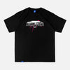 Front view of the screen-pinted LONELY DUNES black heavyweight cotton t-shirt from PHOSIS® Clothing
