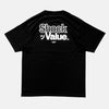 Back view of the screen-pinted SHOCK VALUE black t-shirt from PHOSIS Clothing