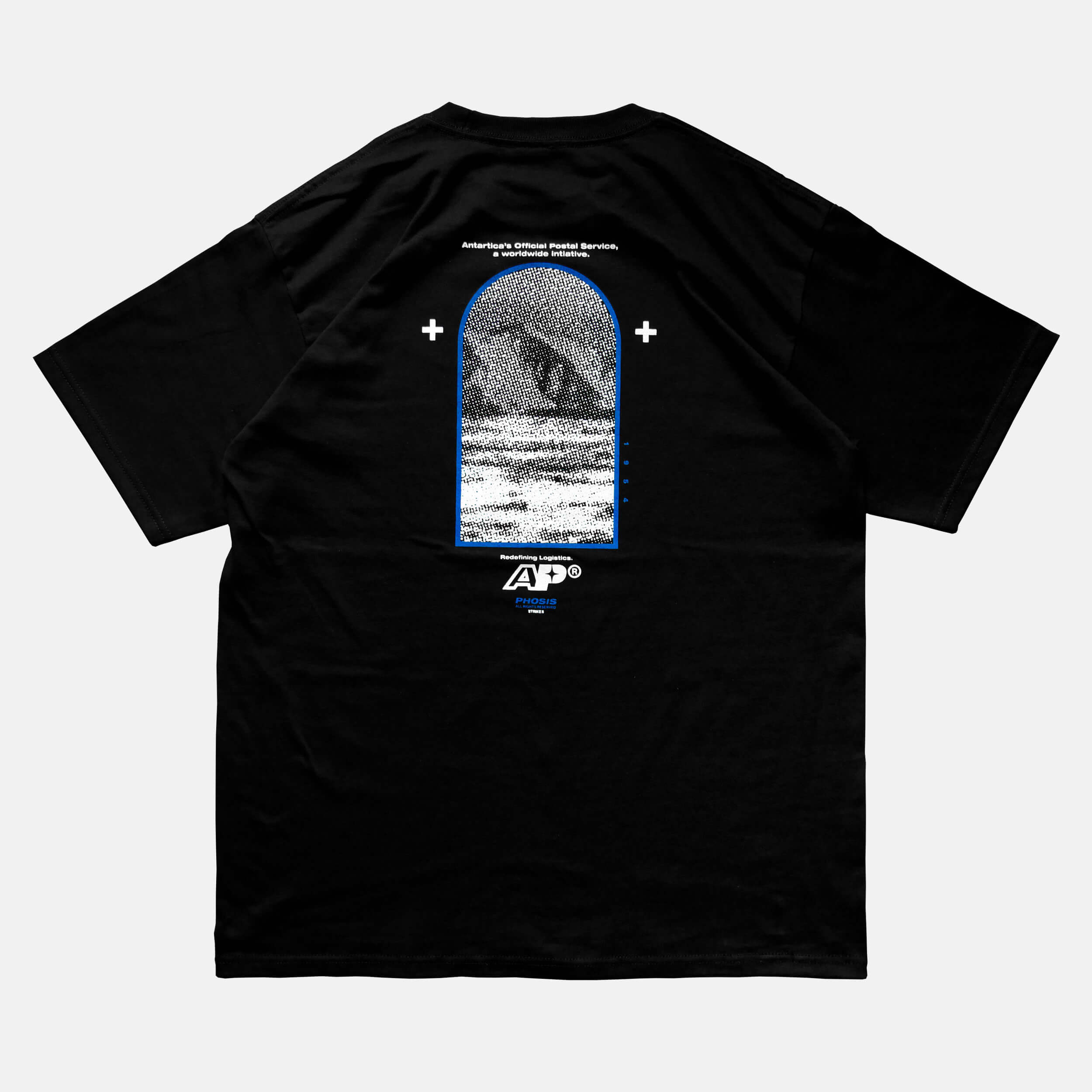 Back view of the screen-pinted ANTARTICA POST black t-shirt from PHOSIS Clothing