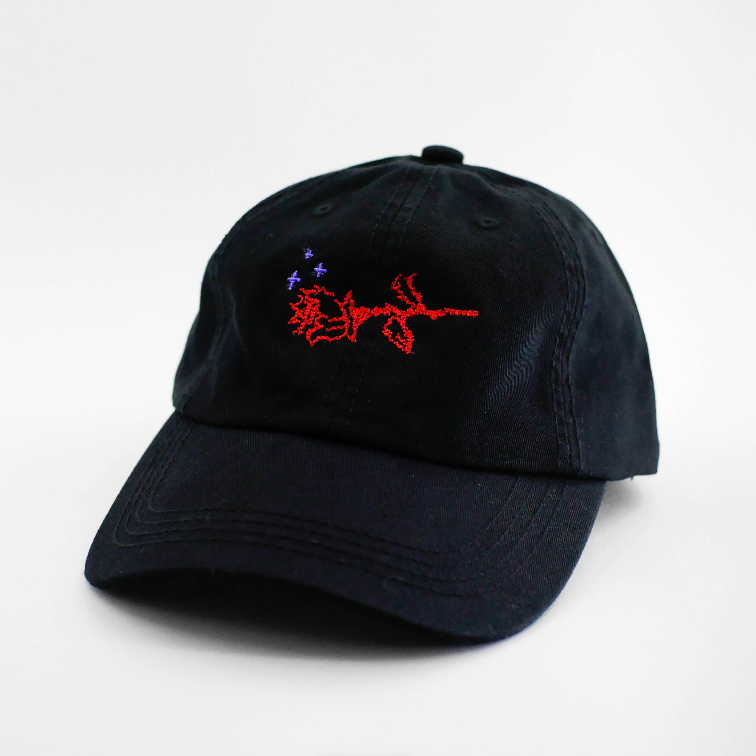 Angle view of the embroidered ASCII Rose black dad hat from PHOSIS Clothing