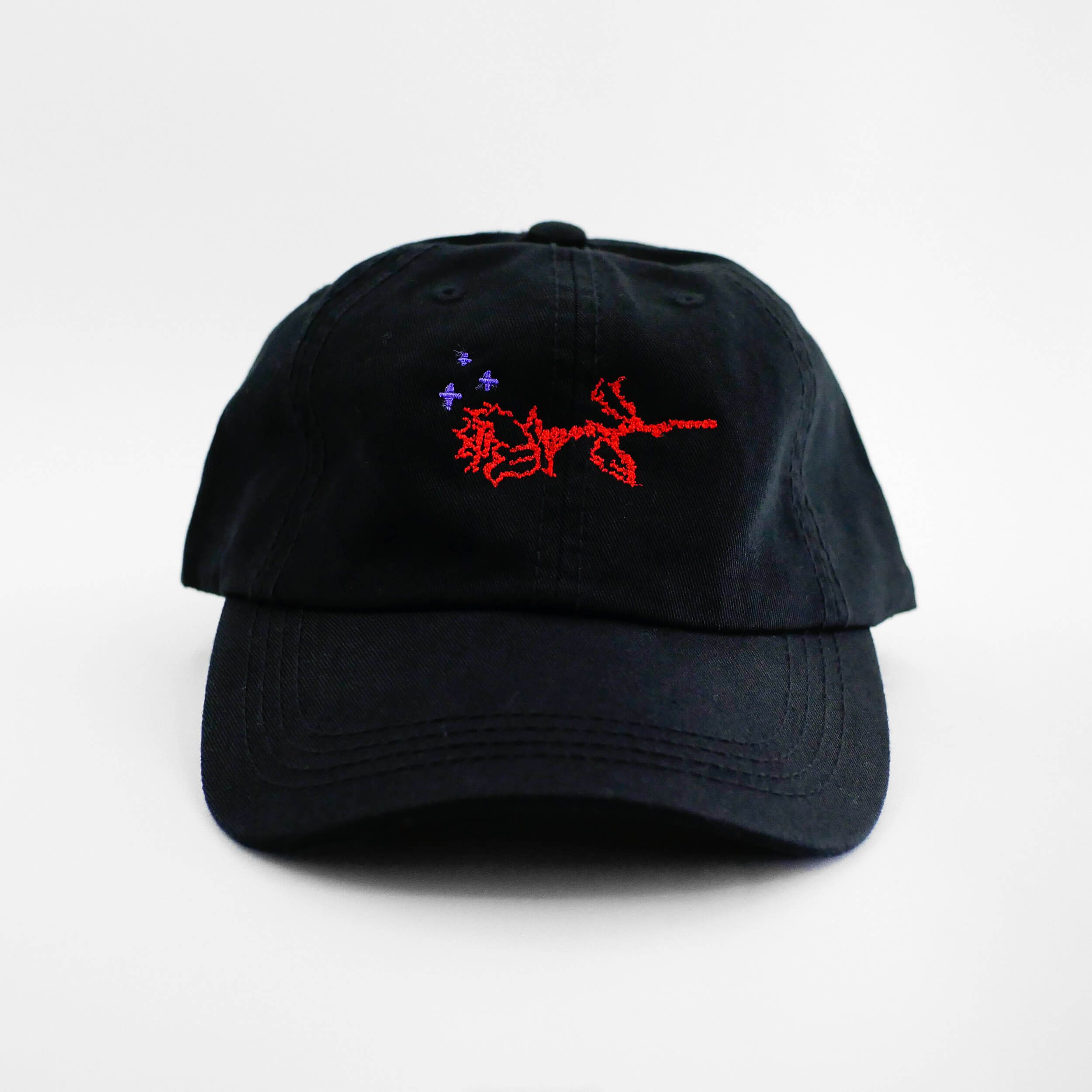 Front view of the embroidered ASCII Rose black dad hat from PHOSIS Clothing