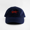 Front view of the embroidered ASCII Rose navy blue hat from PHOSIS Clothing