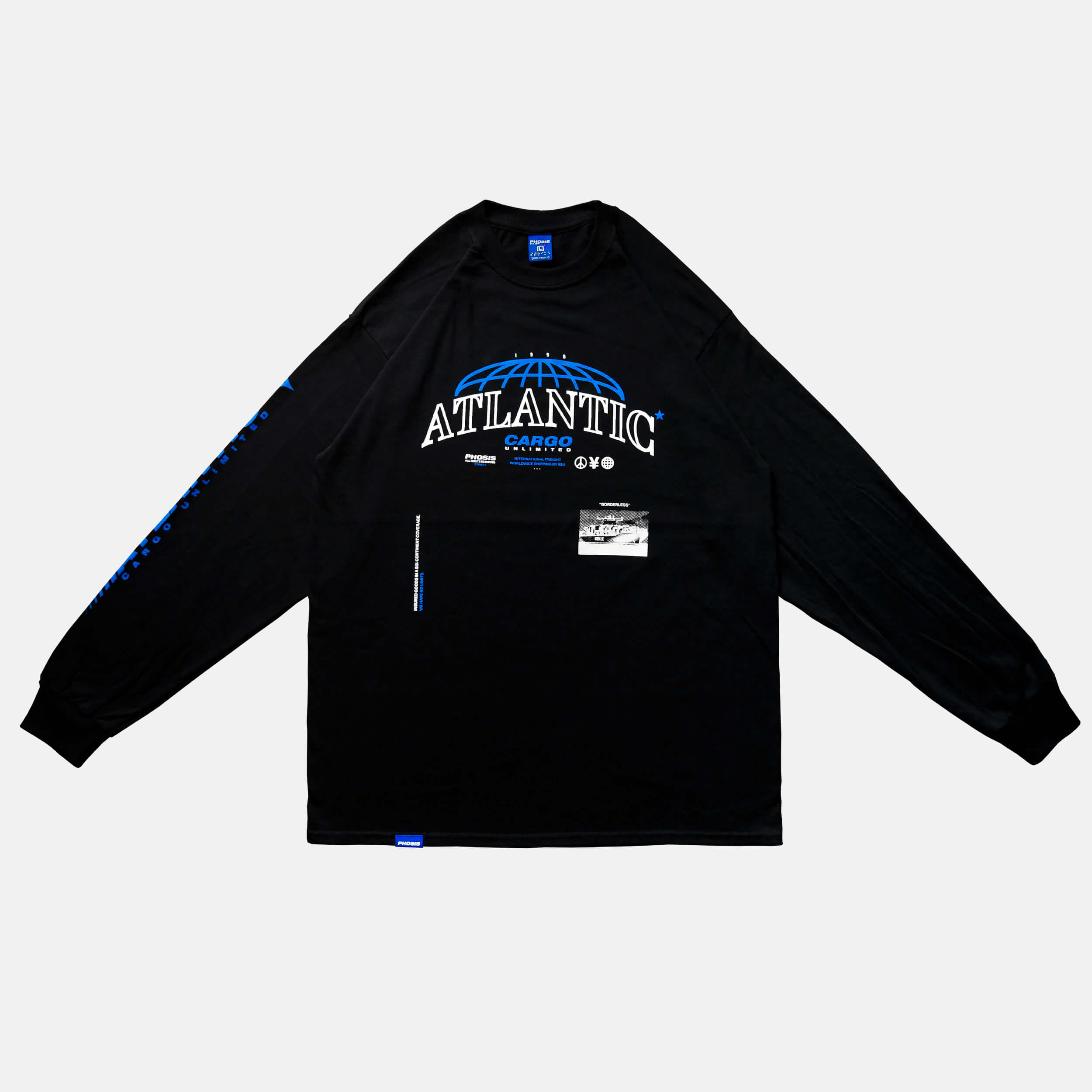 Front view of the screen-pinted ATLANTIC black long sleeve from PHOSIS Clothing