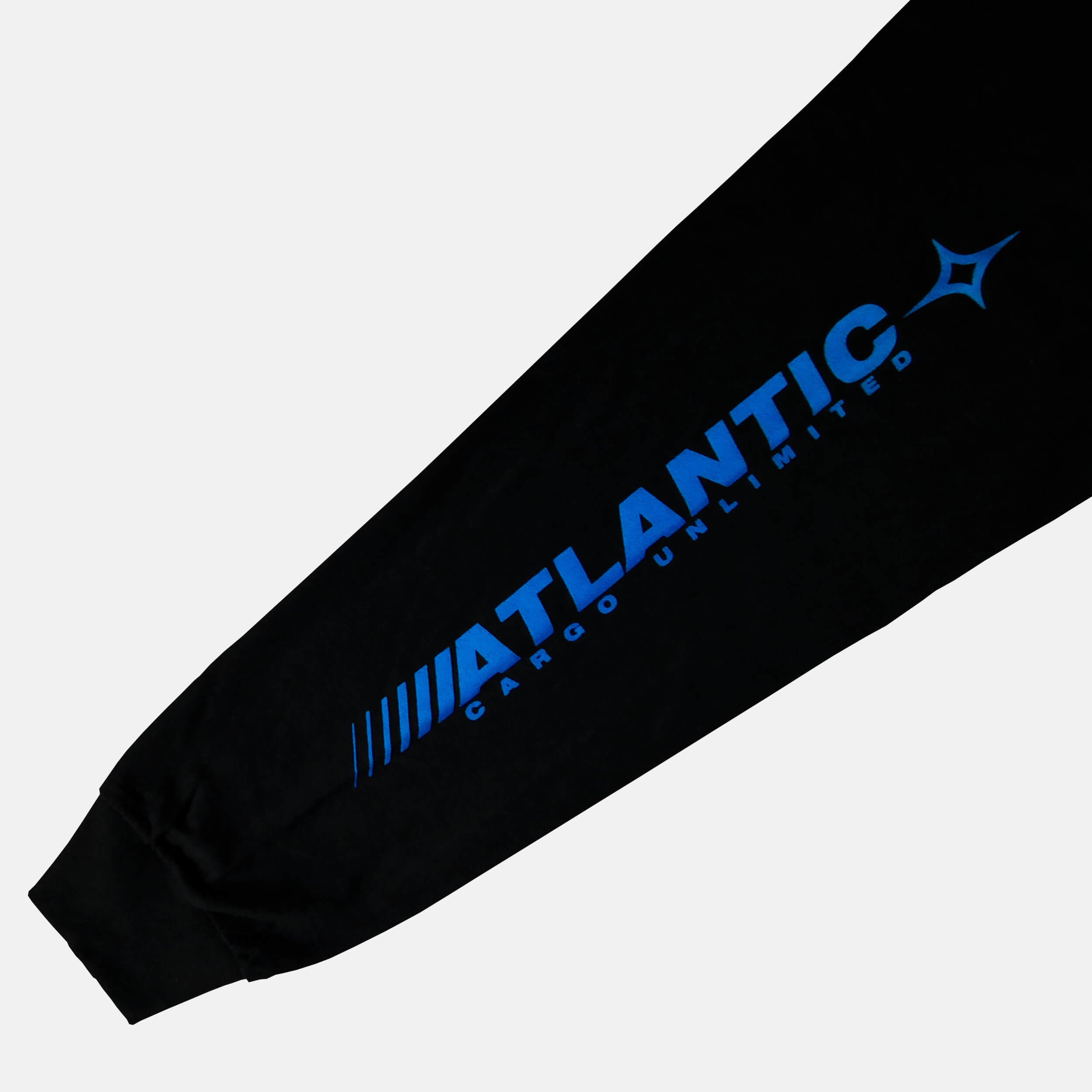 Sleeve close up of the screen-pinted ATLANTIC black long sleeve from PHOSIS Clothing