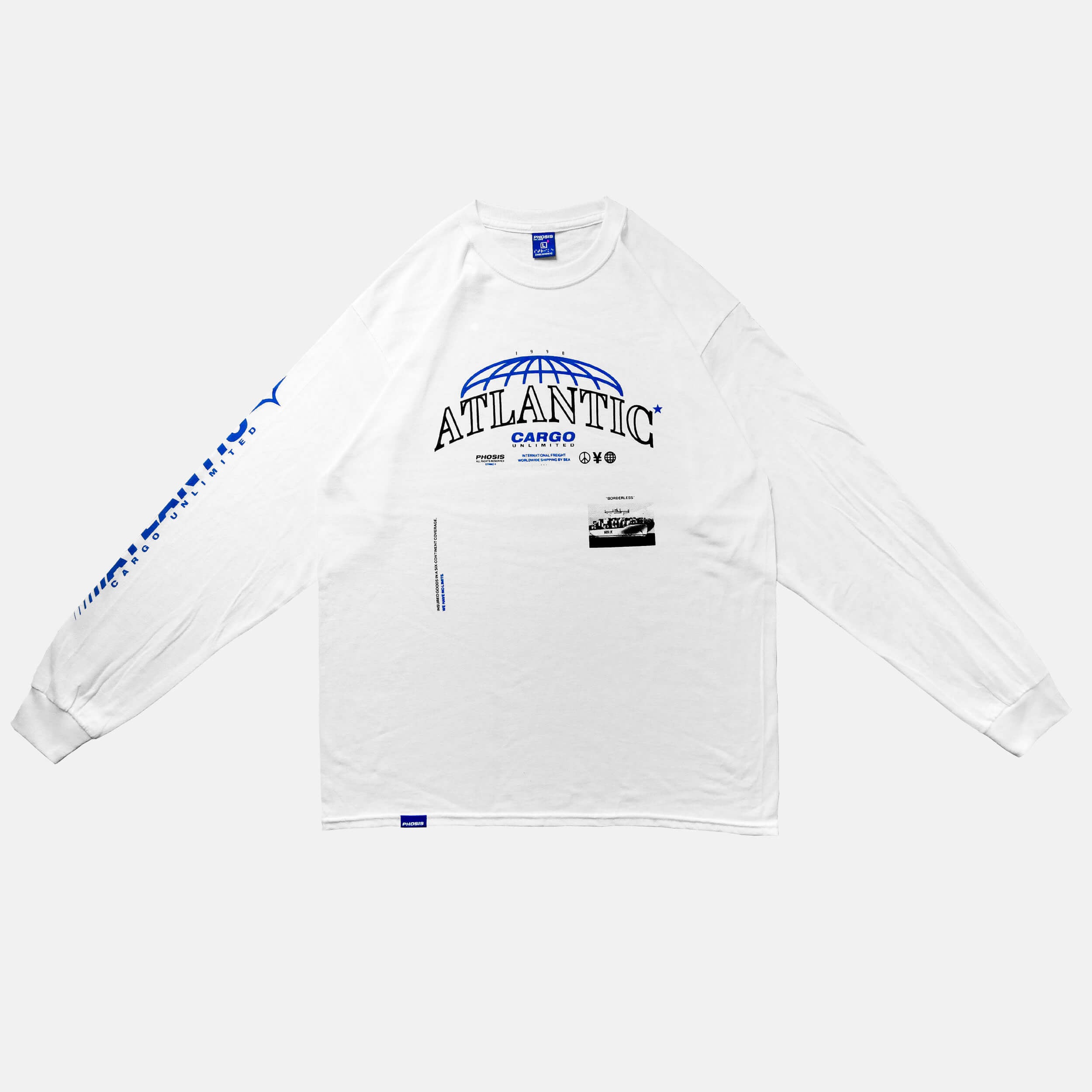Front view of the screen-pinted ATLANTIC white long sleeve from PHOSIS Clothing