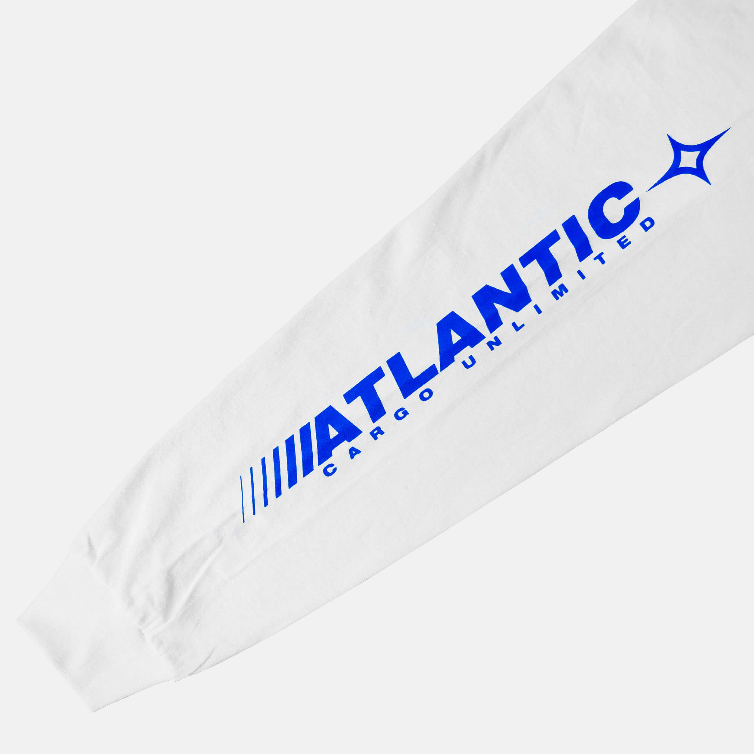 Sleeve close up of the screen-pinted ATLANTIC white long sleeve from PHOSIS Clothing