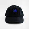 Front view of the embroidered Buttterfly Logo black dad hat from PHOSIS Clothing