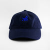 Front view of the embroidered Buttterfly Logo navy blue hat from PHOSIS Clothing