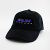 Load image into Gallery viewer, Angle view of the embroidered &#39;FLAMBE&#39; black dad hat from PHOSIS Clothing