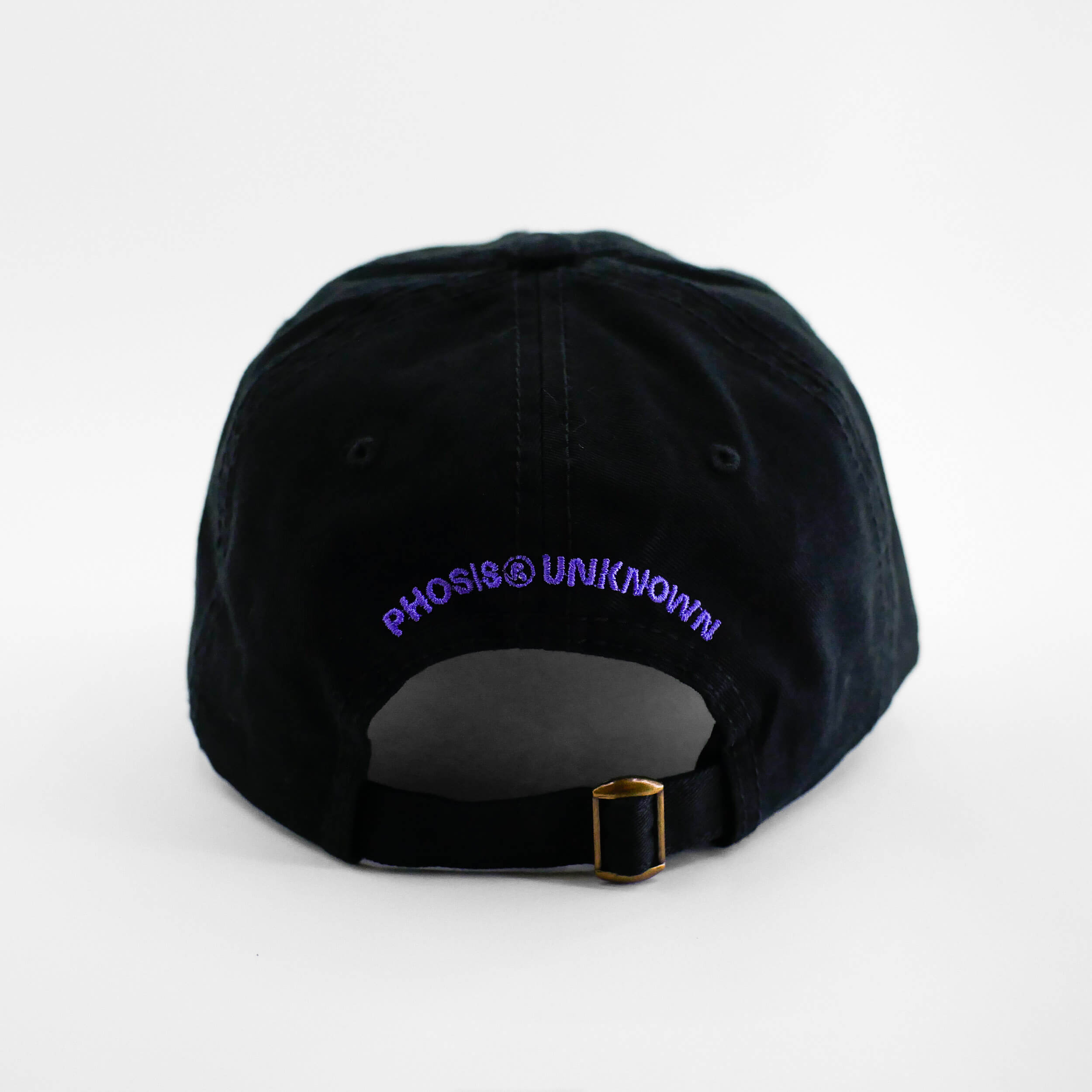 Back view of the embroidered 'FLAMBE' black dad hat from PHOSIS Clothing