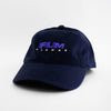 Angle view of the embroidered 'FLAMBE' navy blue dad hat from PHOSIS Clothing