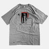 Front view of the screen-pinted FORBIDDEN heather grey t-shirt from PHOSIS Clothing