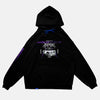 Front view of the screen-pinted HOLOCENE black hoodie from PHOSIS Clothing