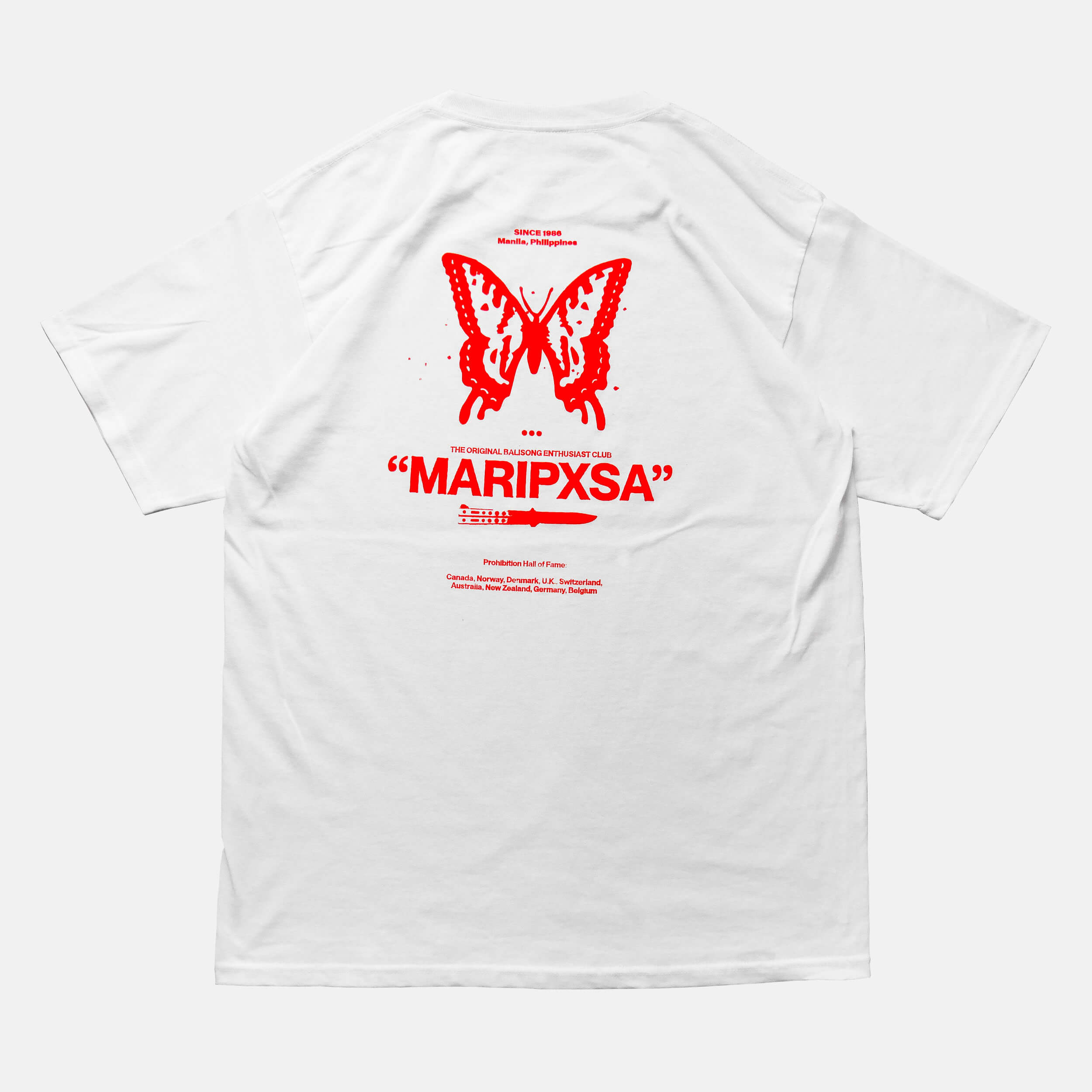 Back view of the screen-pinted 'MARIPXSA' BALISONG CLUB white t-shirt from PHOSIS Clothing