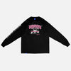 Load image into Gallery viewer, Front view of the screen-pinted BABYLON black heavyweight cotton long sleeve from PHOSIS® Clothing