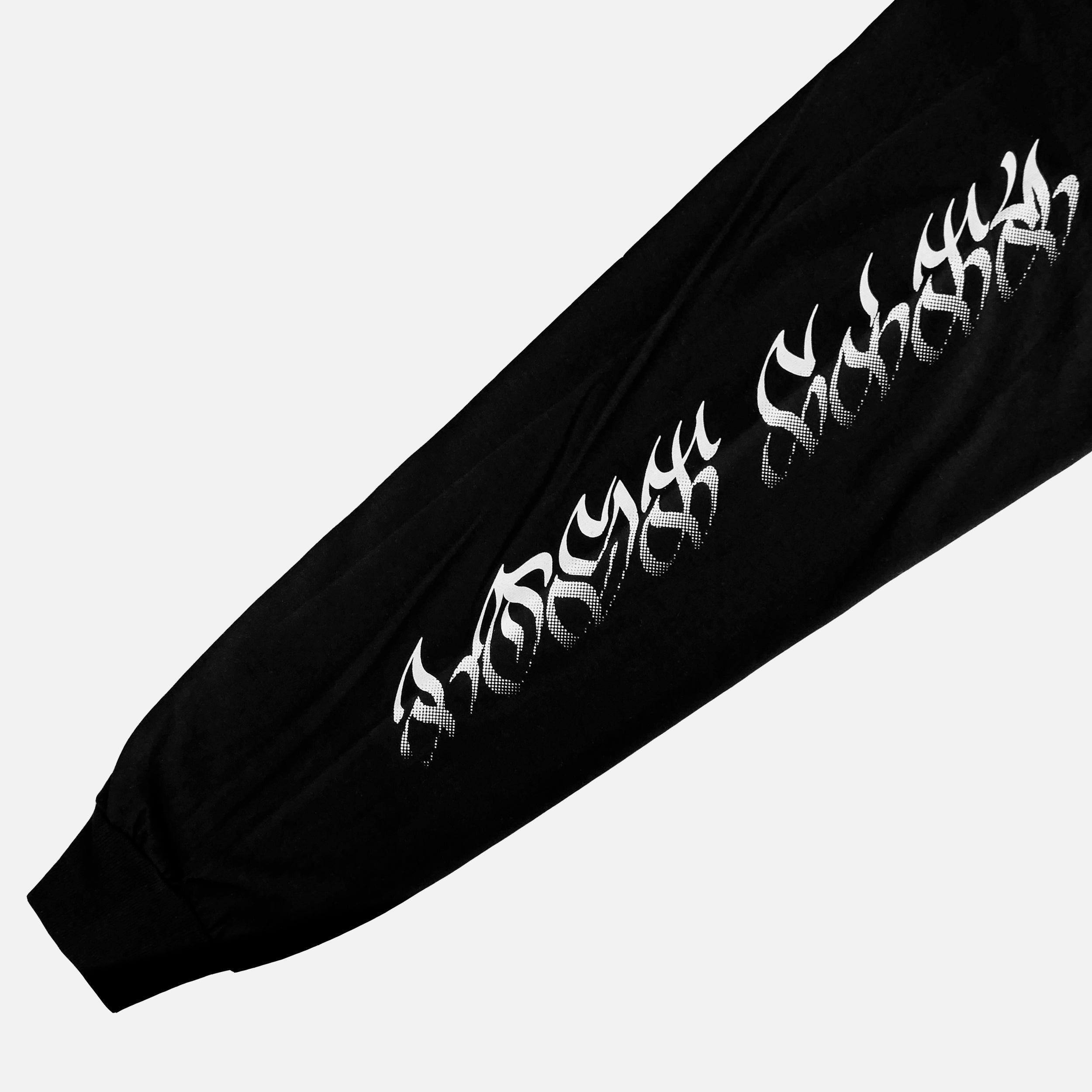 Sleeve close up of the screen-pinted BABYLON black heavyweight cotton long sleeve from PHOSIS® Clothing