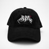 Load image into Gallery viewer, Front view of the embroidered BRUISED black dad hat from PHOSIS® Clothing