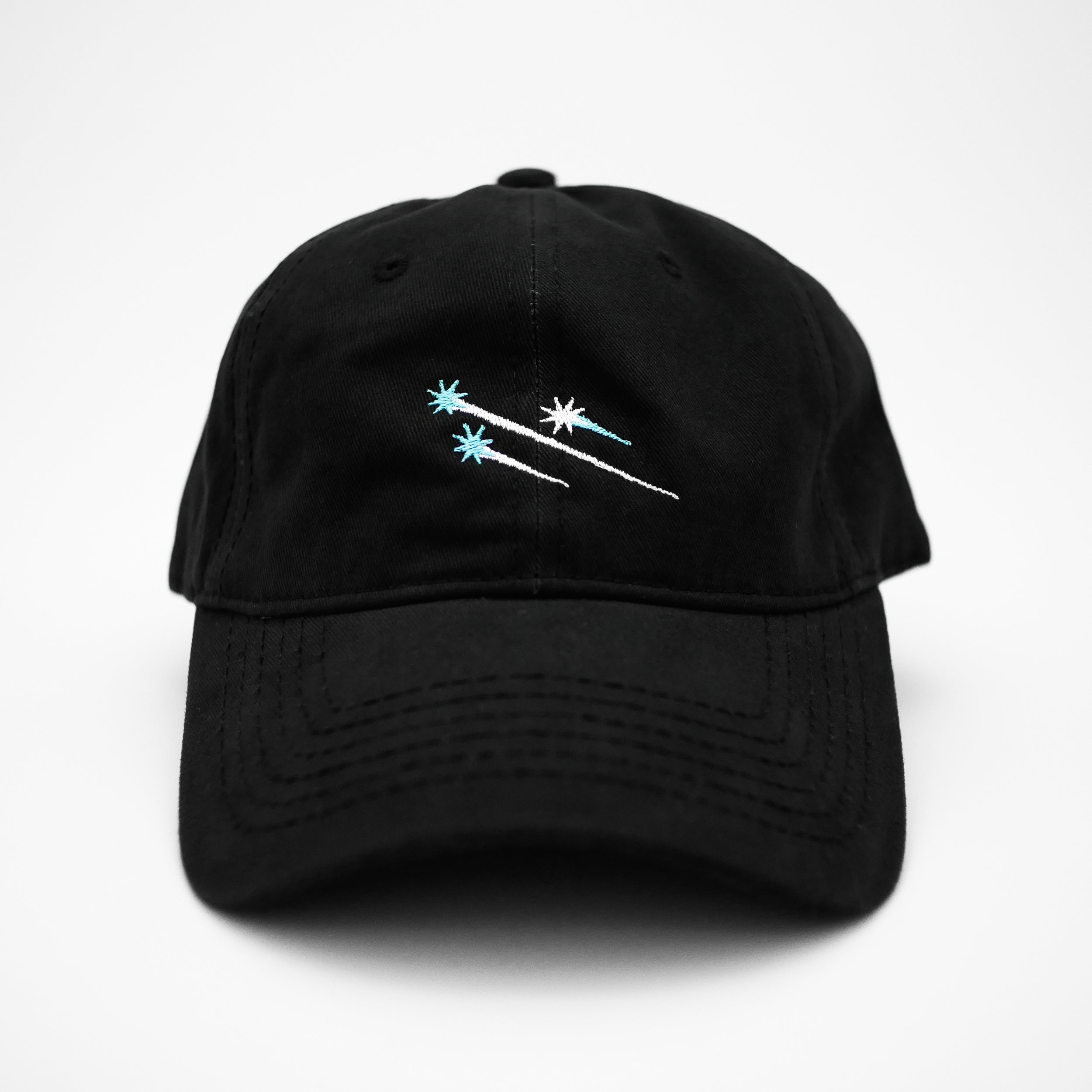 Front view of the embroidered ÉTOILE black dad hat from PHOSIS® Clothing