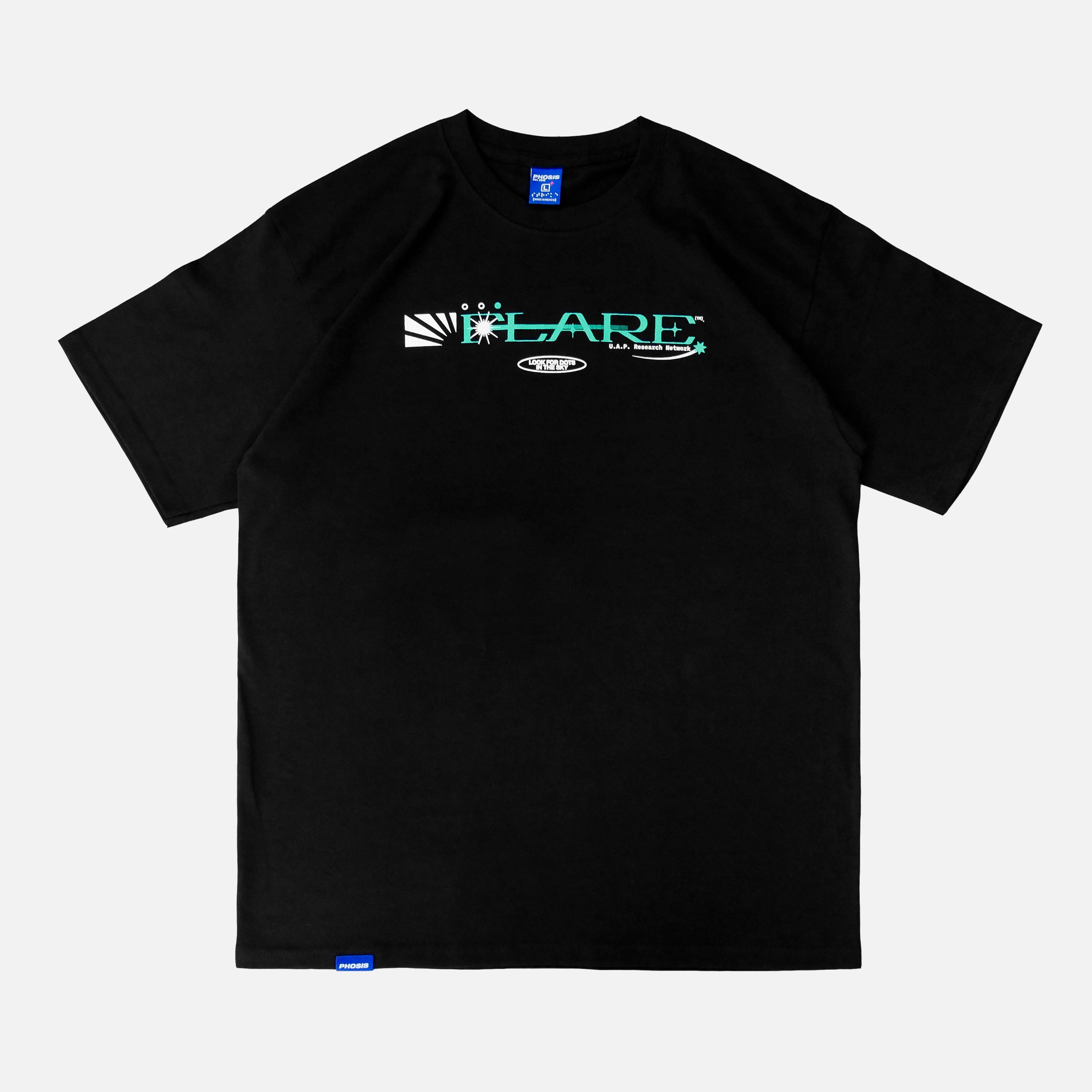 Front view of the screen-pinted FLARE black heavyweight cotton t-shirt from PHOSIS® Clothing
