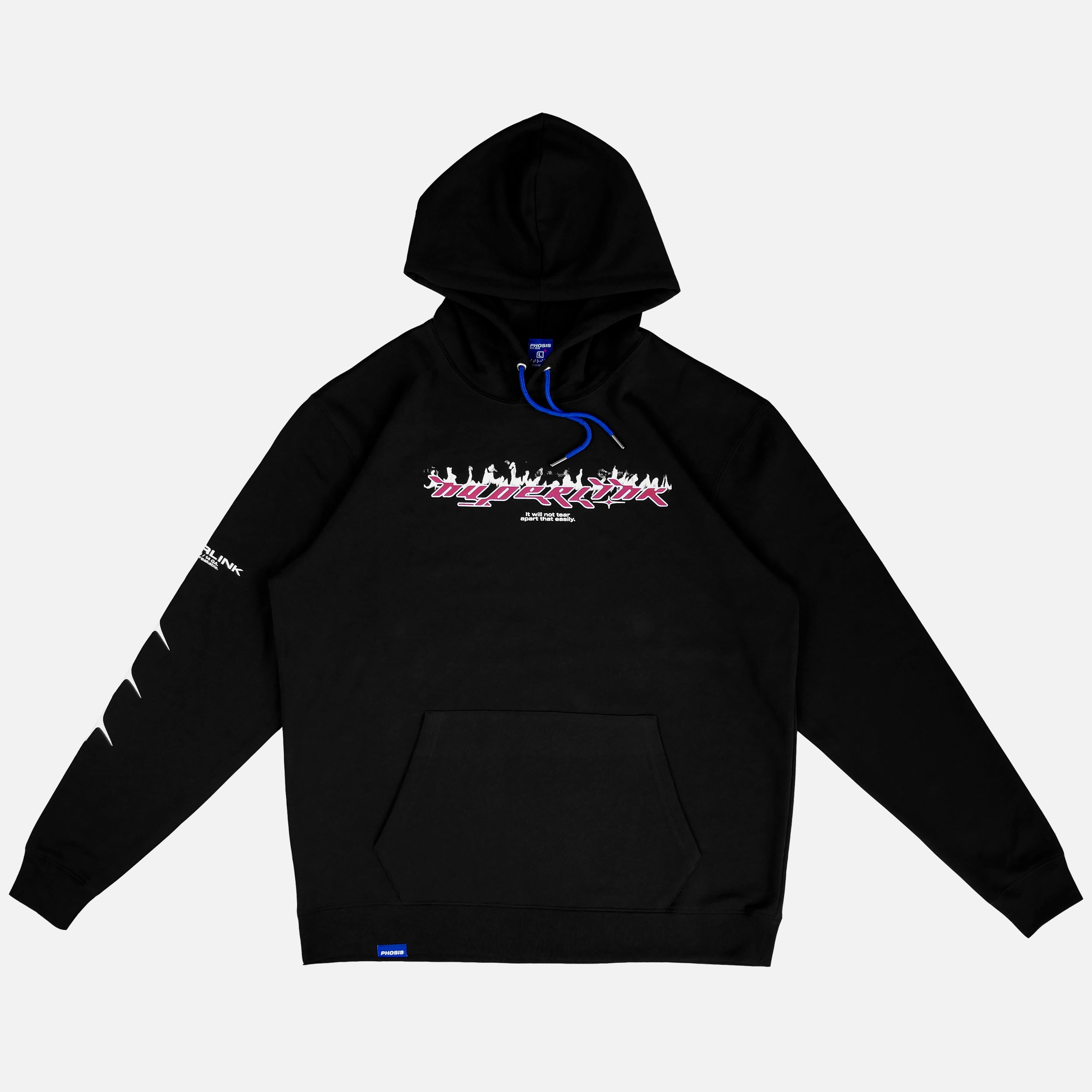 Front view of the screen-pinted HYPERLINK black mediumweight hoodie from PHOSIS® Clothing