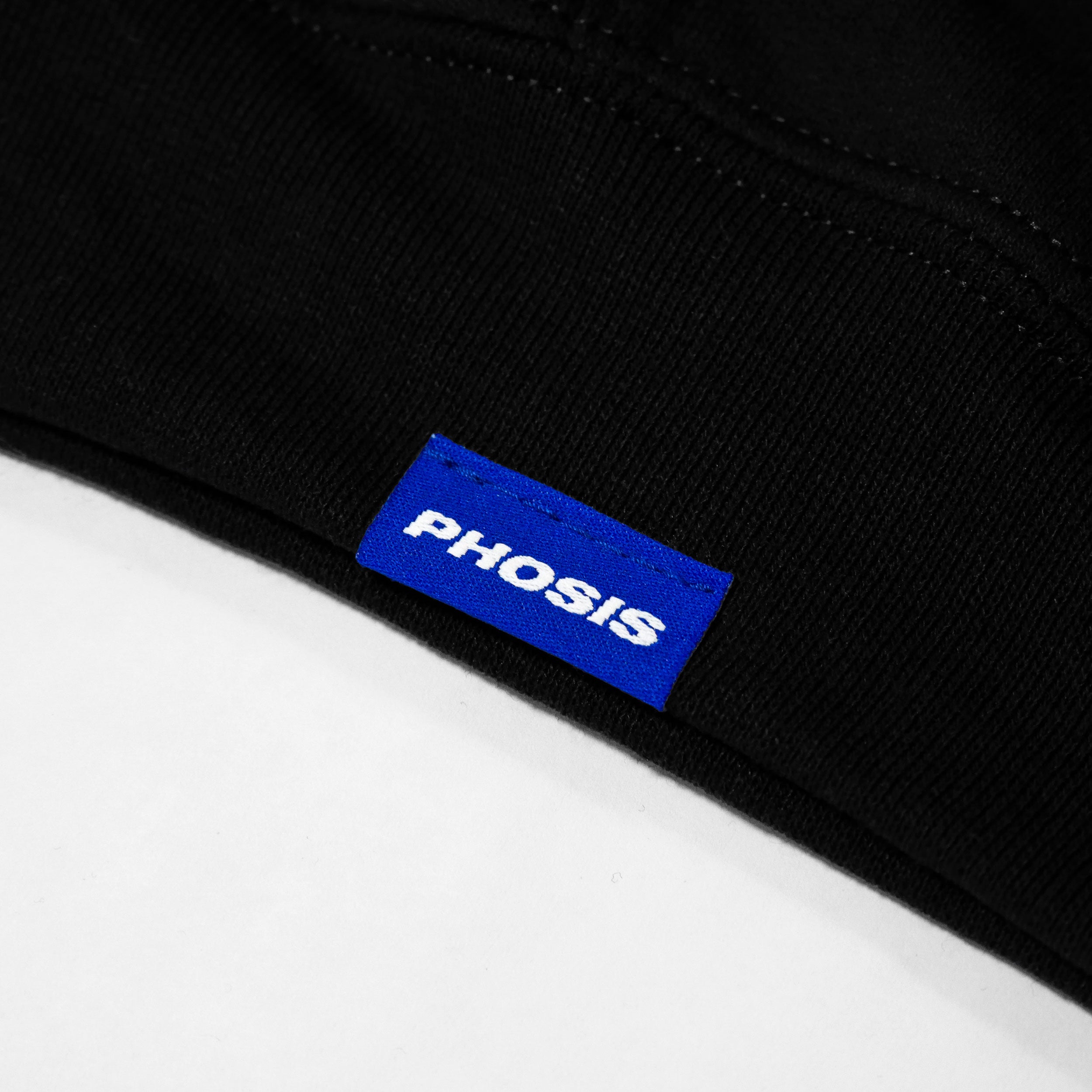 Sleeve close up view of the screen-pinted HYPERLINK black mediumweight hoodie from PHOSIS® Clothing