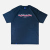 Front view of the screen-pinted HYPERLINK indigo blue heavyweight cotton t-shirt from PHOSIS® Clothing