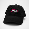 Angle view of the embroidered MOB black dad hat from PHOSIS® Clothing
