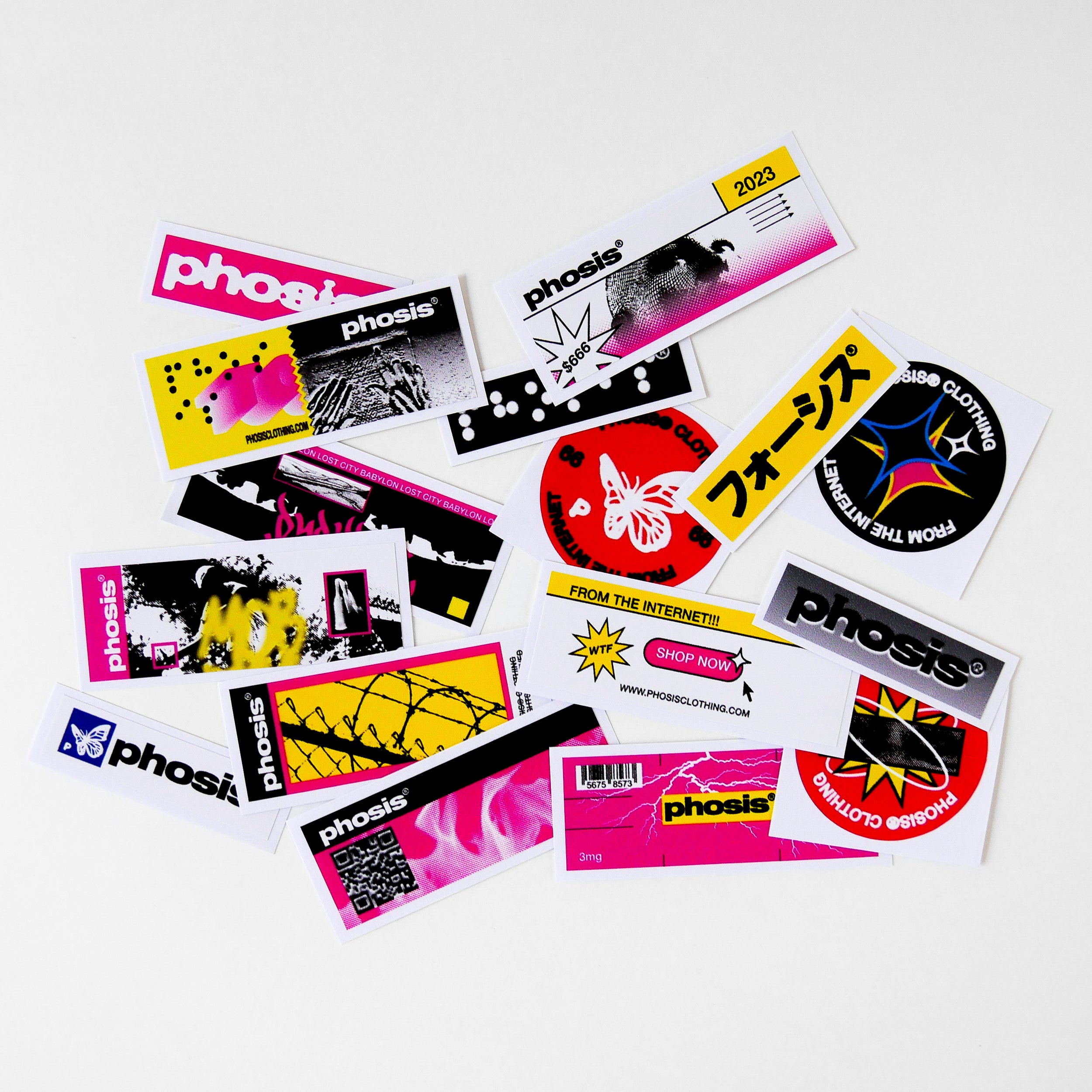 All 16 stickers from the the STRIKE3 vinyl sticker pack from PHOSIS® Clothing