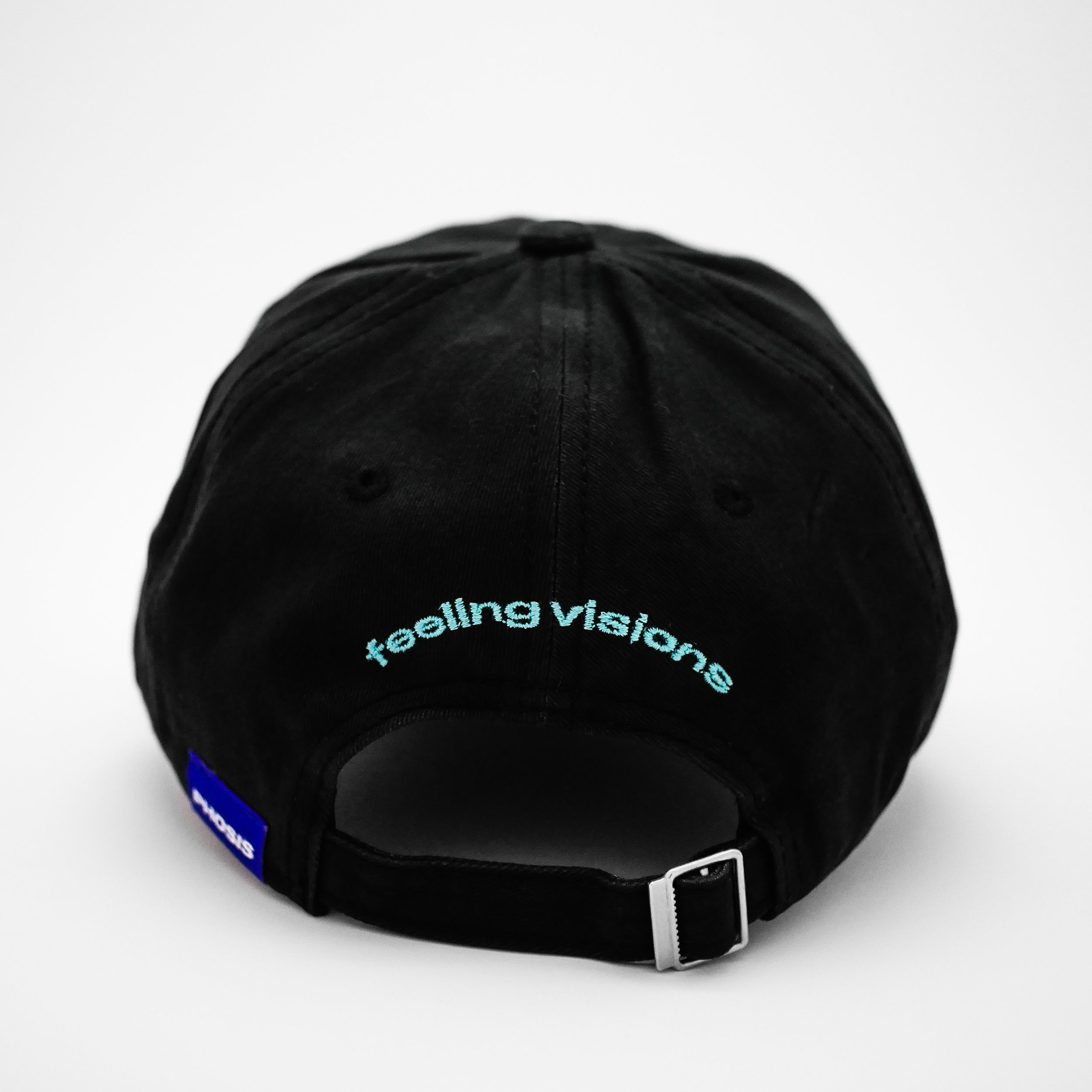 Back view of the embroidered VISIONS black dad hat from PHOSIS® Clothing