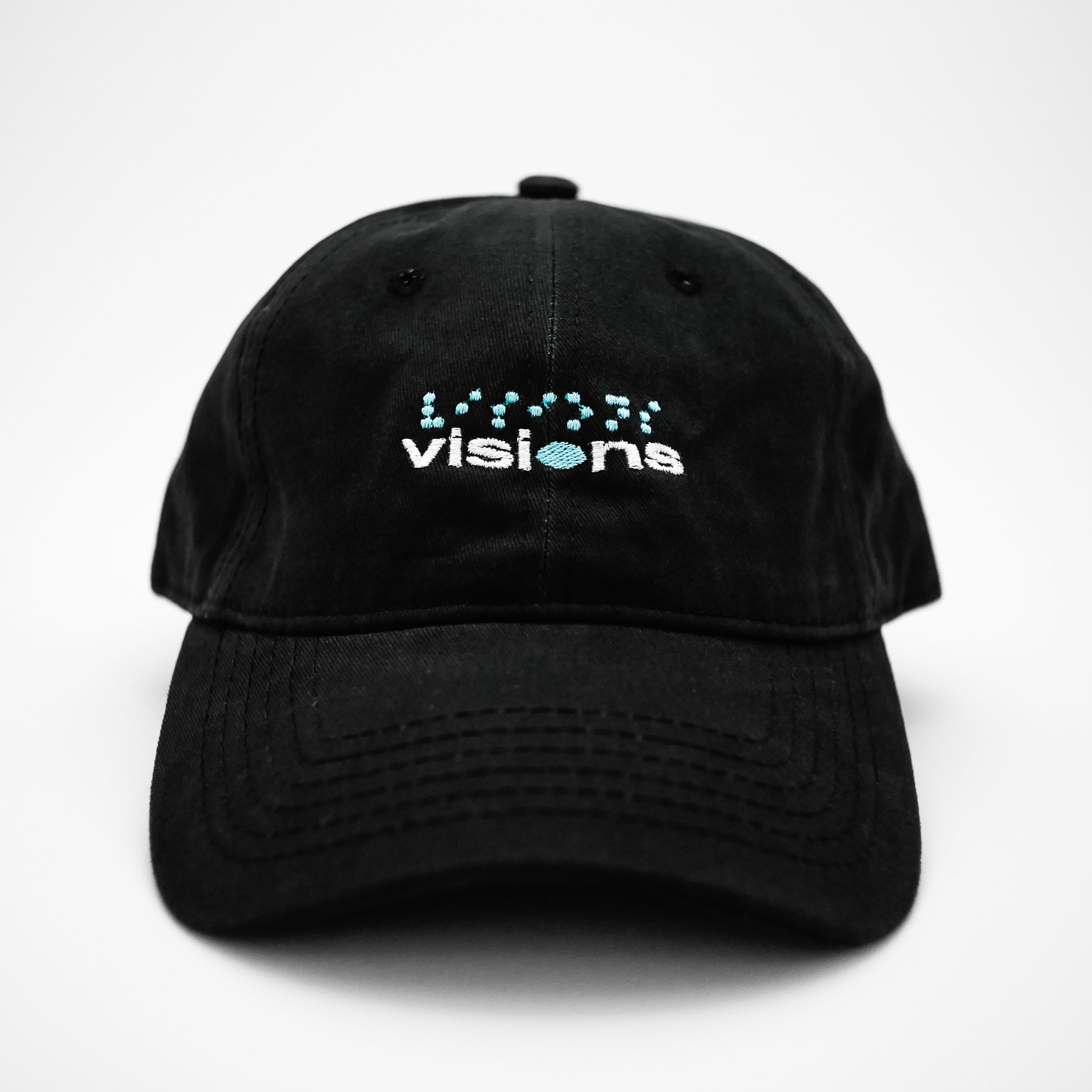 Front view of the embroidered VISIONS black dad hat from PHOSIS® Clothing