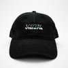 Front view of the embroidered VISIONS black dad hat from PHOSIS® Clothing