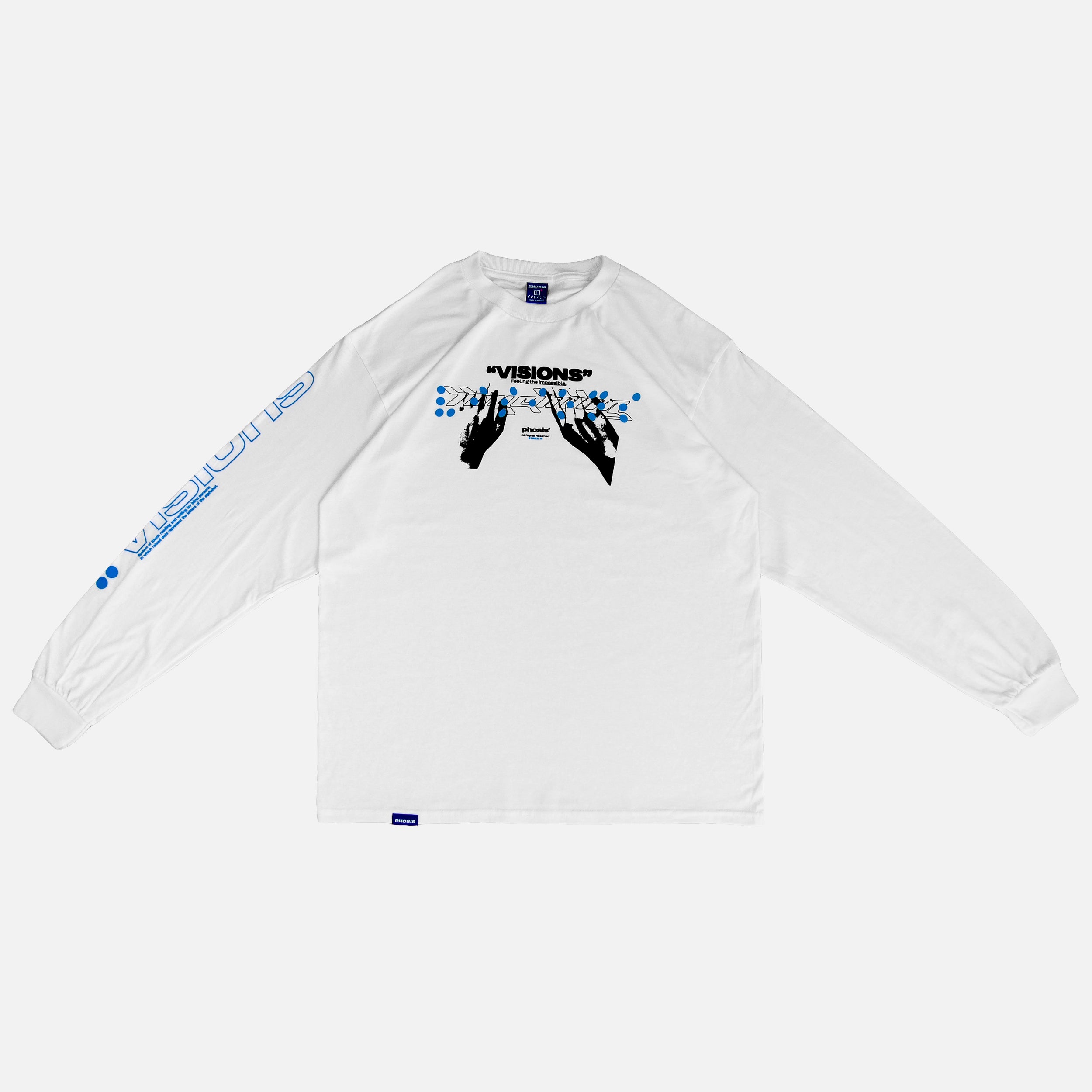 Front view of the screen-pinted VISIONS white heavyweight cotton long sleeve from PHOSIS® Clothing