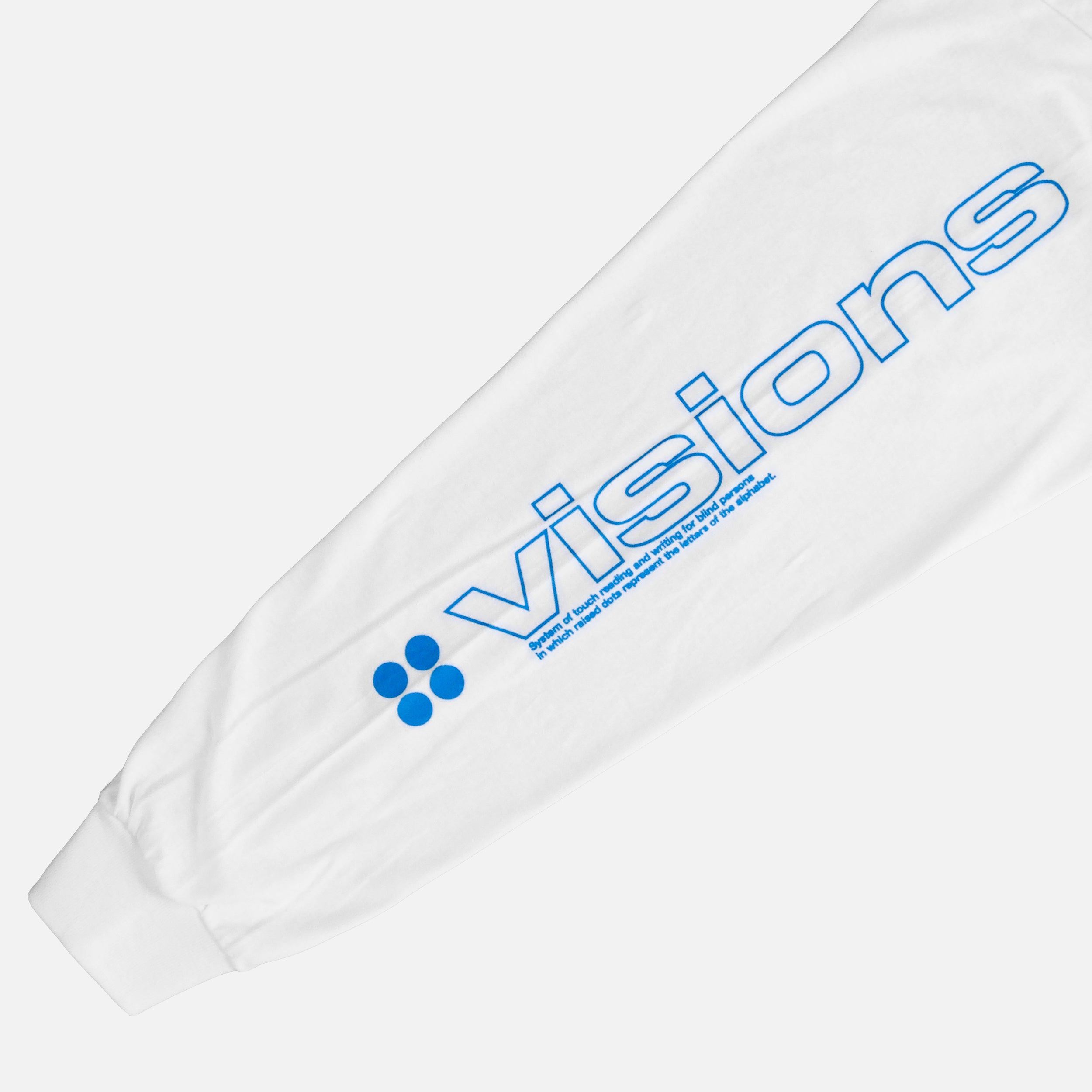 Sleeve close up of the screen-pinted VISIONS white heavyweight cotton long sleeve from PHOSIS® Clothing
