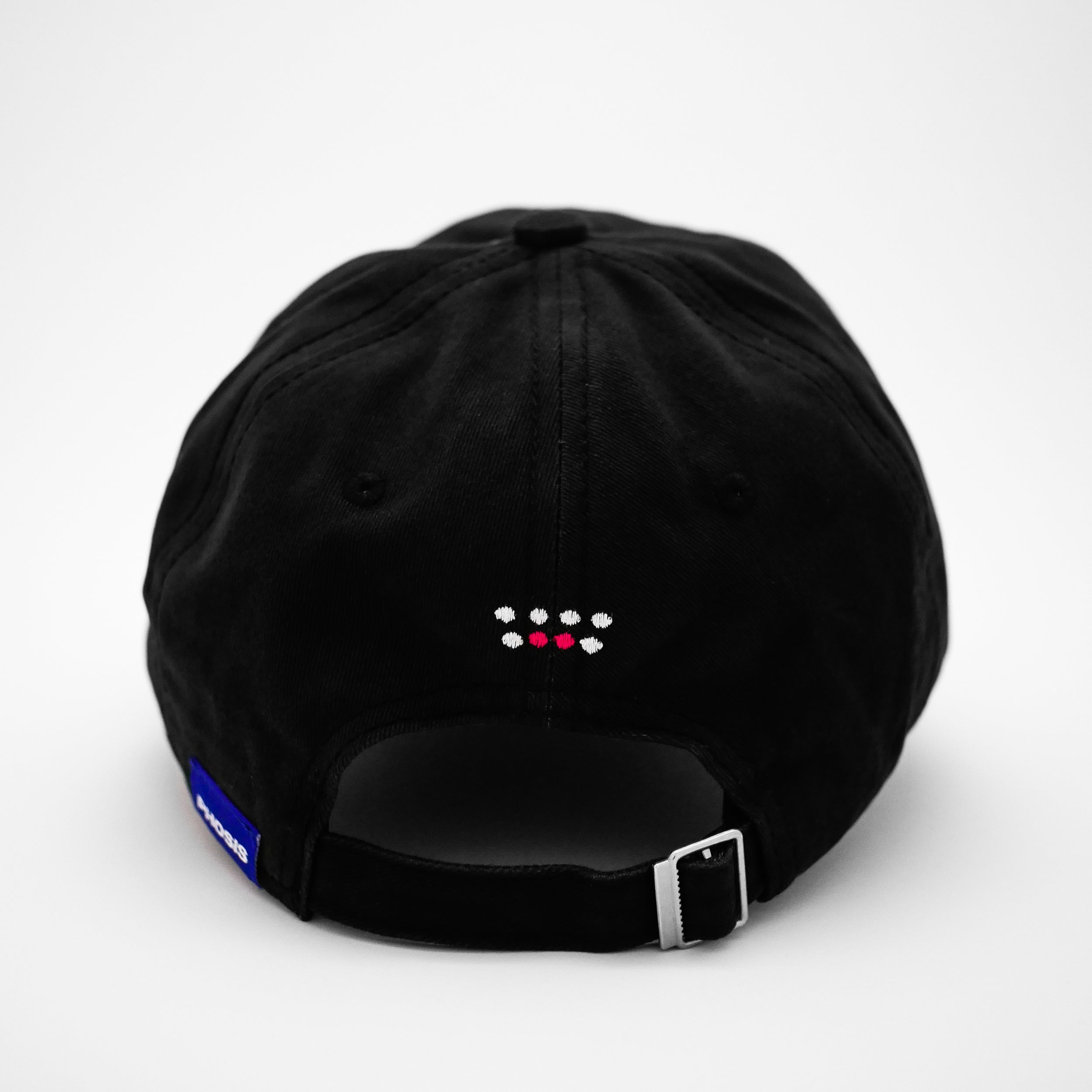 Back view of the embroidered WIDOW black dad hat from PHOSIS® Clothing
