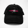 Front view of the embroidered WIDOW black dad hat from PHOSIS® Clothing