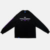 Front view of the screen-pinted POLYMER black long sleeve from PHOSIS Clothing