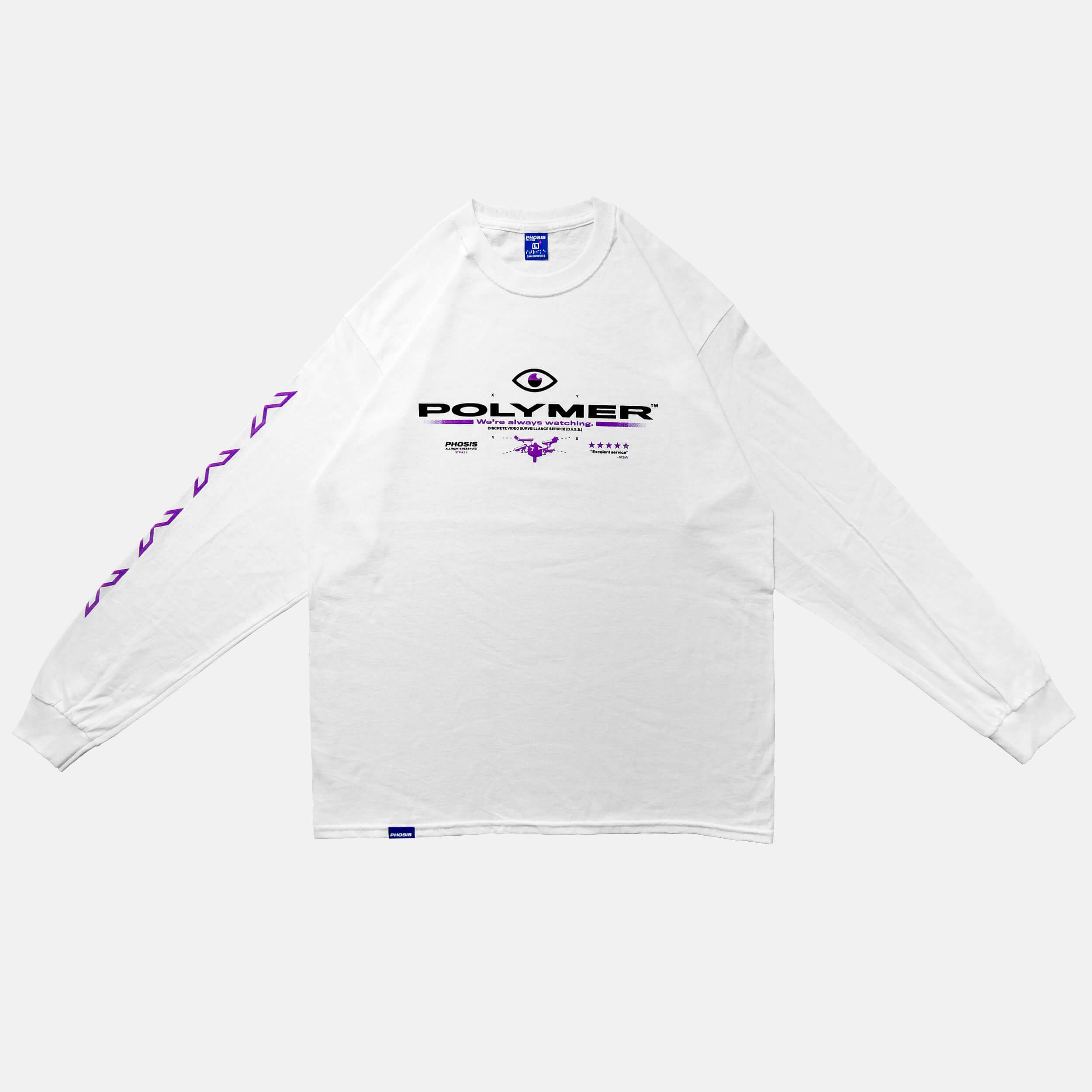 Front view of the screen-pinted POLYMER white long sleeve from PHOSIS Clothing
