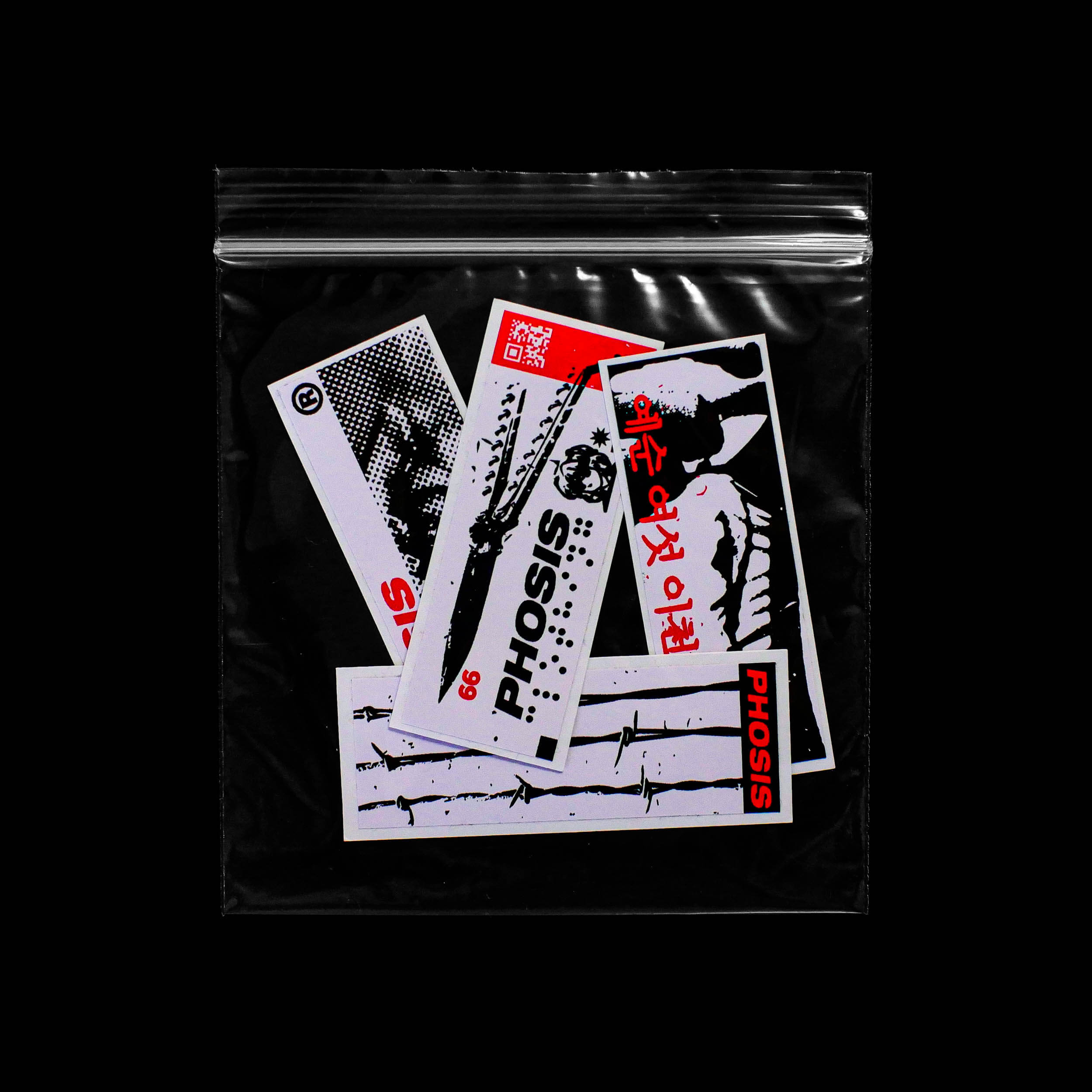 Front view of the Red + Black STRIKE 2 vinyl sticker pack bag from PHOSIS Clothing