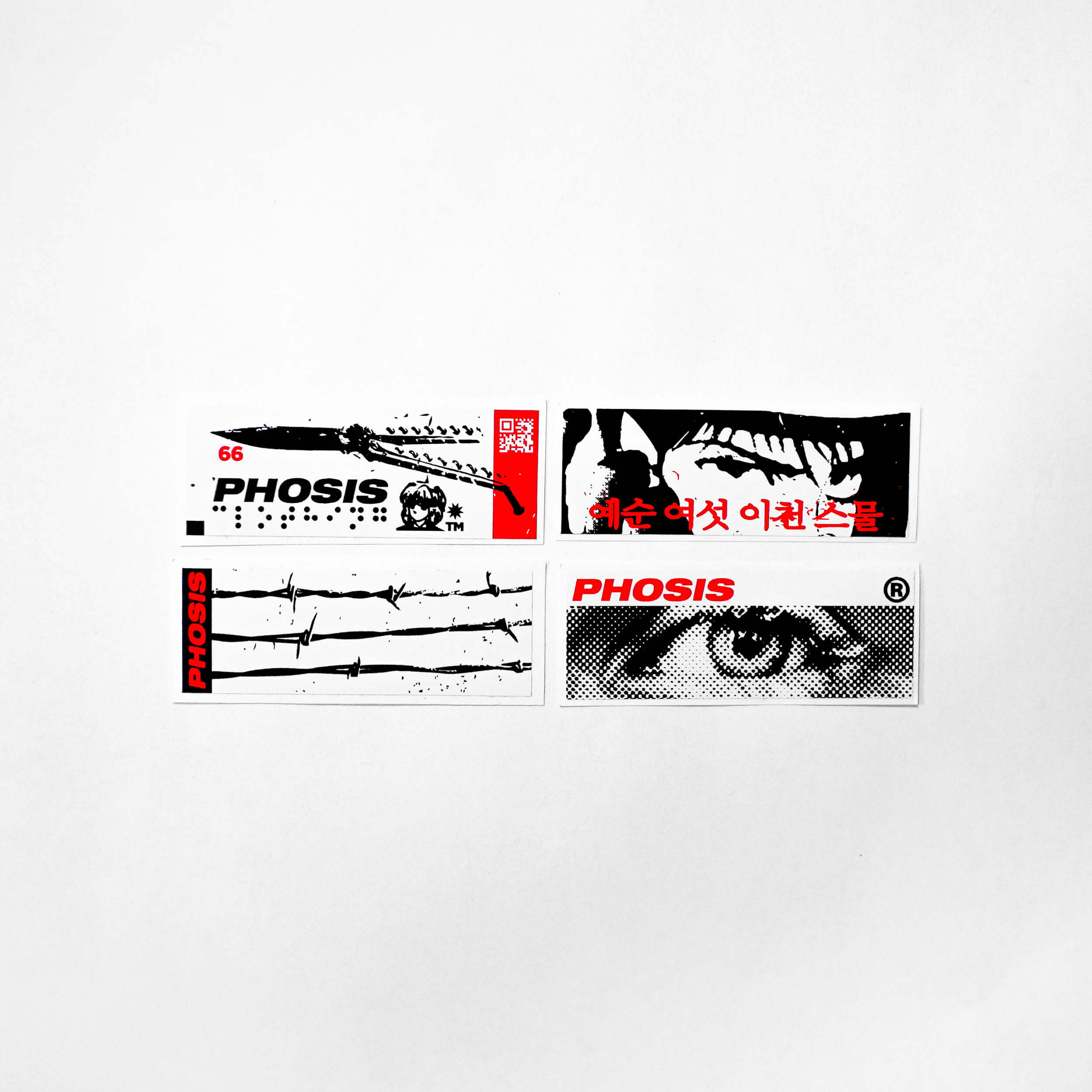 All stickers from the the Red + Black STRIKE 2 vinyl sticker pack from PHOSIS Clothing