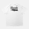 Back view of the screen-pinted SHOCK VALUE white t-shirt from PHOSIS Clothing