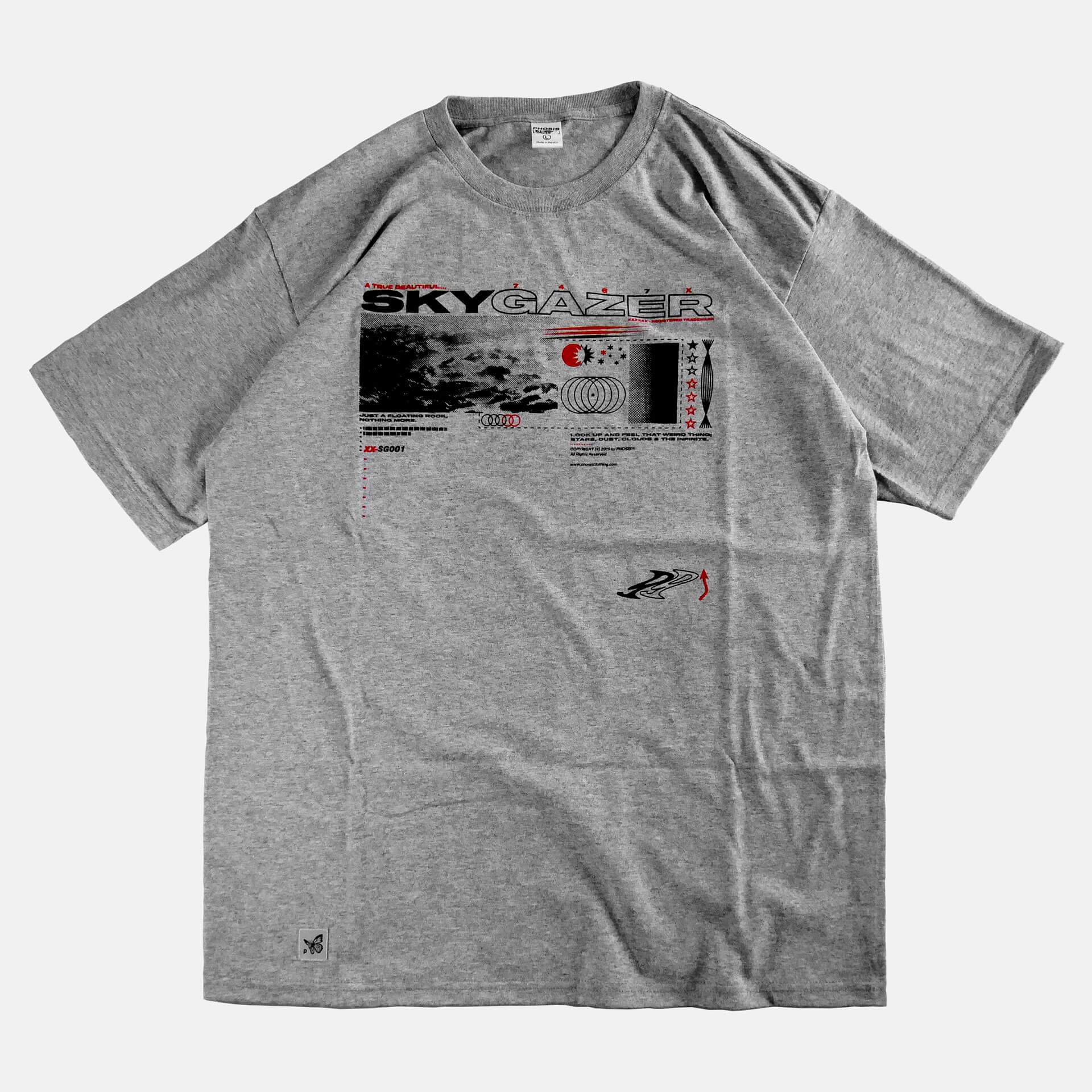 Front view of the screen-pinted SKYGAZER heather grey t-shirt from PHOSIS Clothing