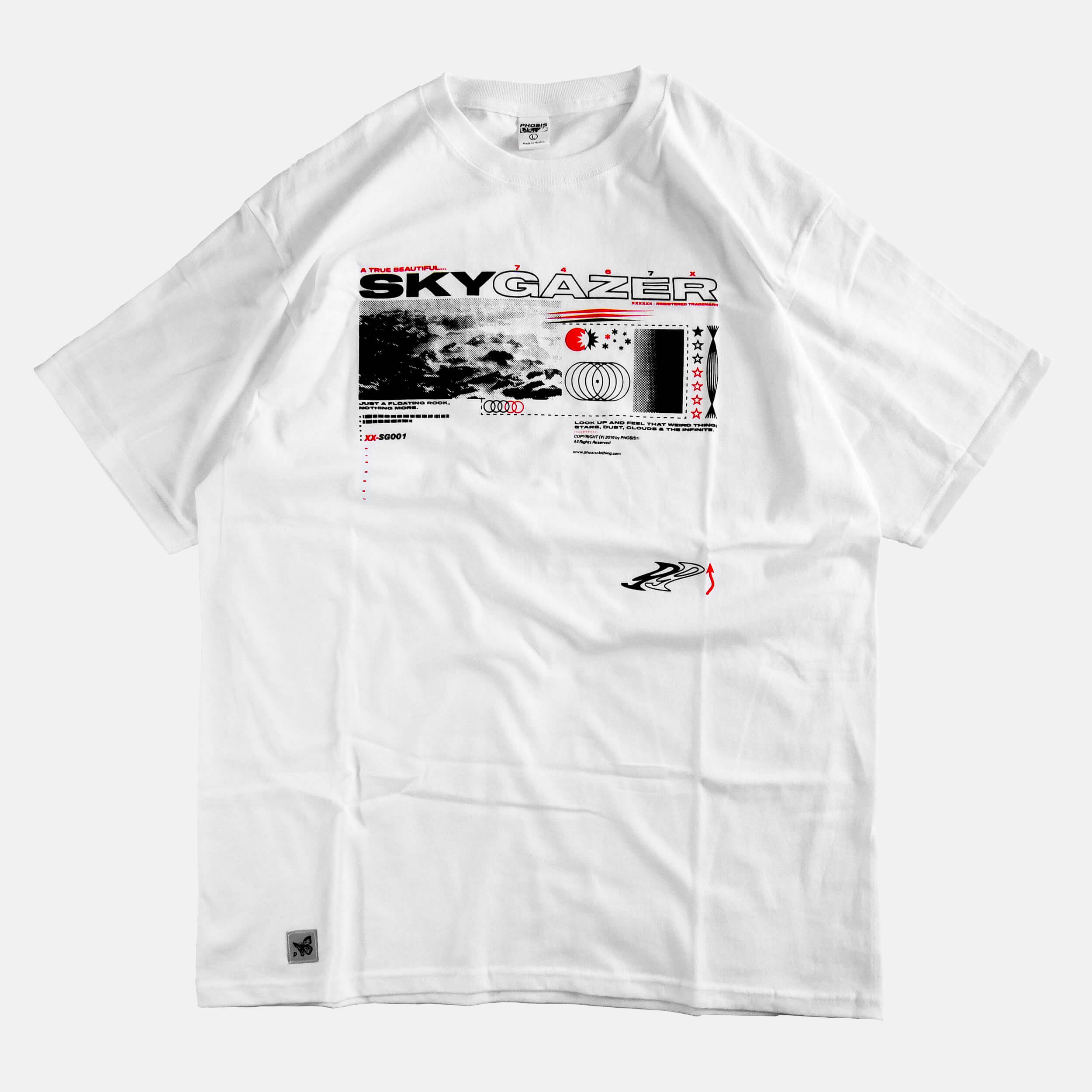 Front view of the screen-pinted SKYGAZER white t-shirt from PHOSIS Clothing