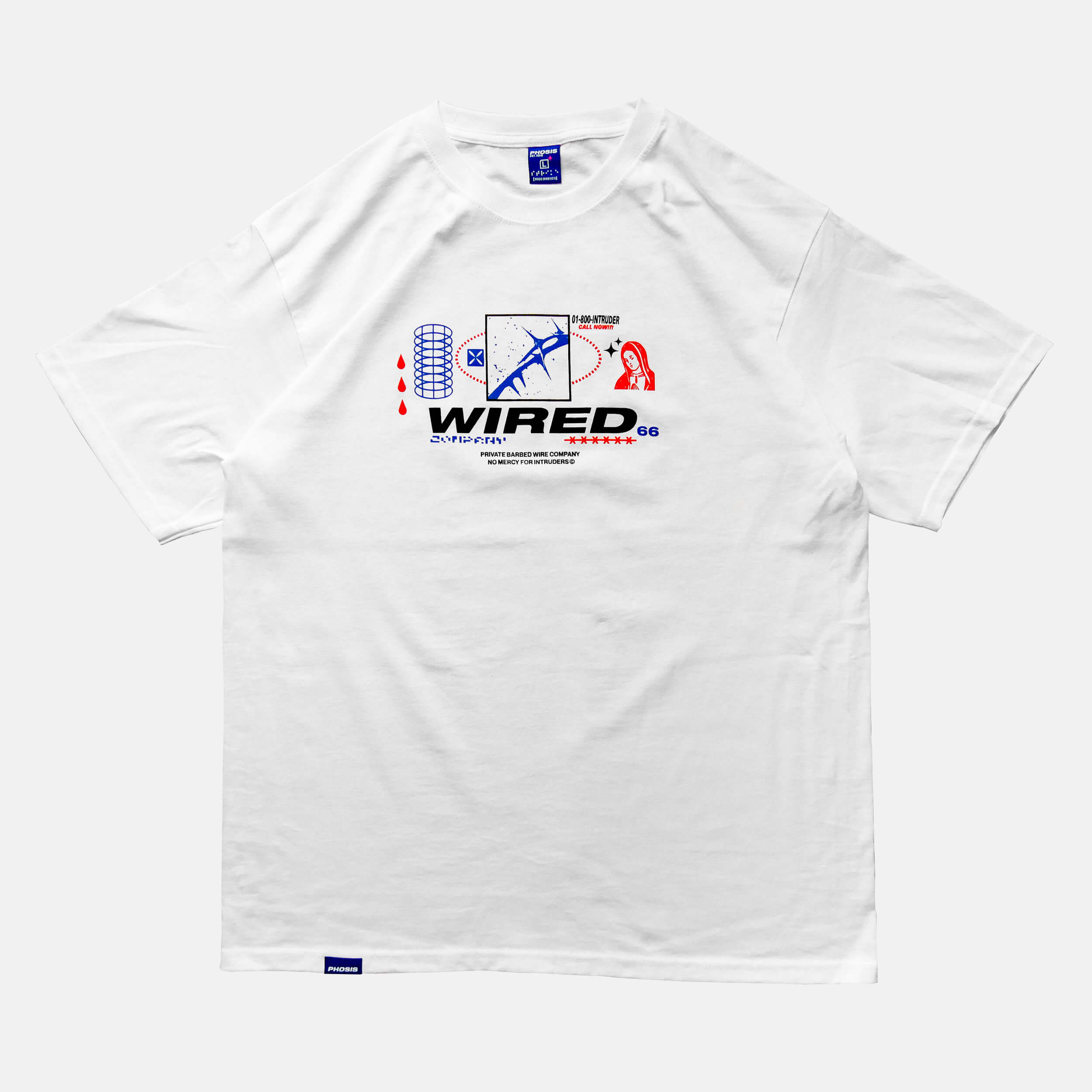 Front view of the screen-pinted 'WIRED' white t-shirt from PHOSIS Clothing